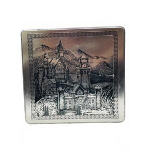 Vintage Tin Box European Castle Silver Square Embossed